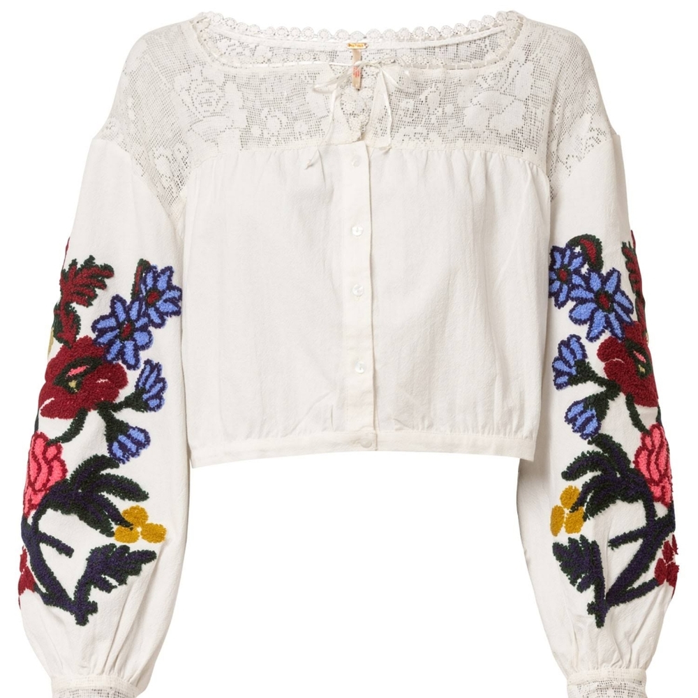NWT Free People Meadows Off-White Embroidered Floral Lace Cropped Blouse Size XS